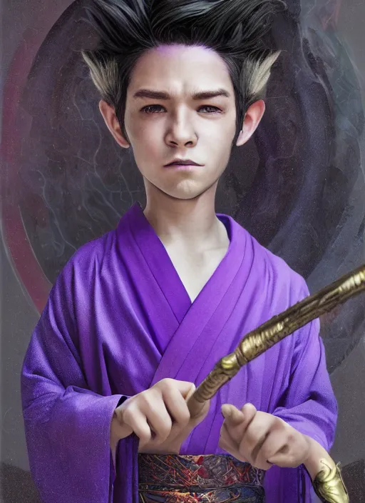 Image similar to An epic fantasy comic book style portrait painting of a young boy with straight indigo hair, purple eyes with red eye markers, slim body, wearing a detailed Japanese kimono with traits of the god Fuujin, holding a pair of fans. Unreal 5, DAZ, hyperrealistic, octane render, cosplay, RPG portrait, dynamic lighting