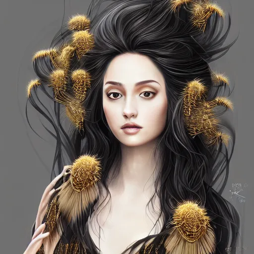 Prompt: A portrait of an attractive young female, beautiful long flowered hair, wearing a dress of black golden feathers, intricate, highly detailed, elegant, digital painting, trending on artstation