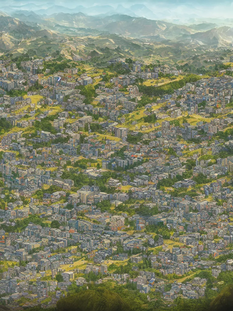 Image similar to illustration. view of a town from mount, the endless cliff on the left, a high yellow wall stretching into the sky on the right, trending on artstation