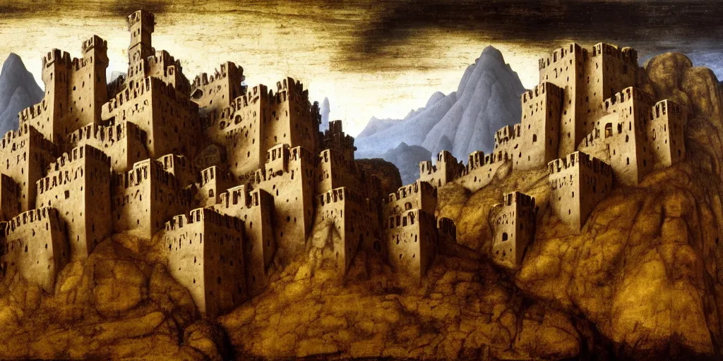 Image similar to matte oil painting of a dwarven fortress at the edge of a mountain range, by leonardo da vinci, mountainhomes, hillocks, smelters, forges, mounds, dwarven citizens, capital site, chiseled architecture, ornate, extremely detailed, sharp focus