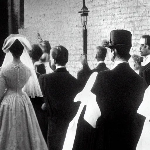 Prompt: Closeup intermediate shot, coloured black and white, historical fantasy photographic image of a royal wedding of the groom who is waiting for his wife while appearing utterly afraid. An image from 1907 taken during the royal wedding's official wedding photographer's golden hour displays warming lighting. cinema, hyper realistic, ultra realistic, photorealistic, facial actuary.