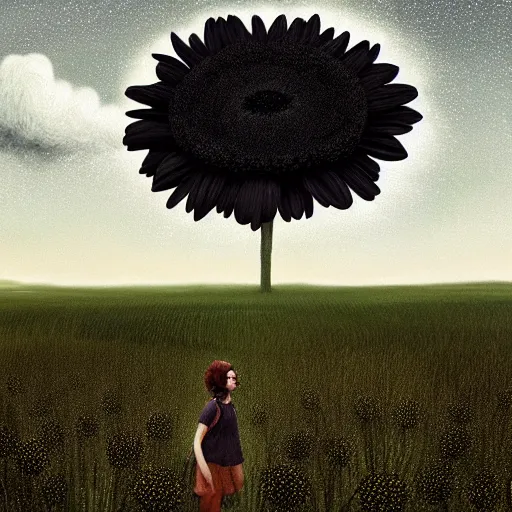 Prompt: giant black daisy flower as a head, girl walking in wheat field, hills, surreal photography, dark night, star trails, dramatic light, impressionist painting, clouds, digital painting, artstation, simon stalenhag