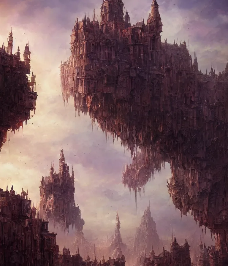 Image similar to a painting of a city castle floating in the air, flying island, levitating citadel, a matte painting by marc simonetti, deviantart, fantasy art, lush world above an apocalypse landscape, matte painting, apocalypse utopia art