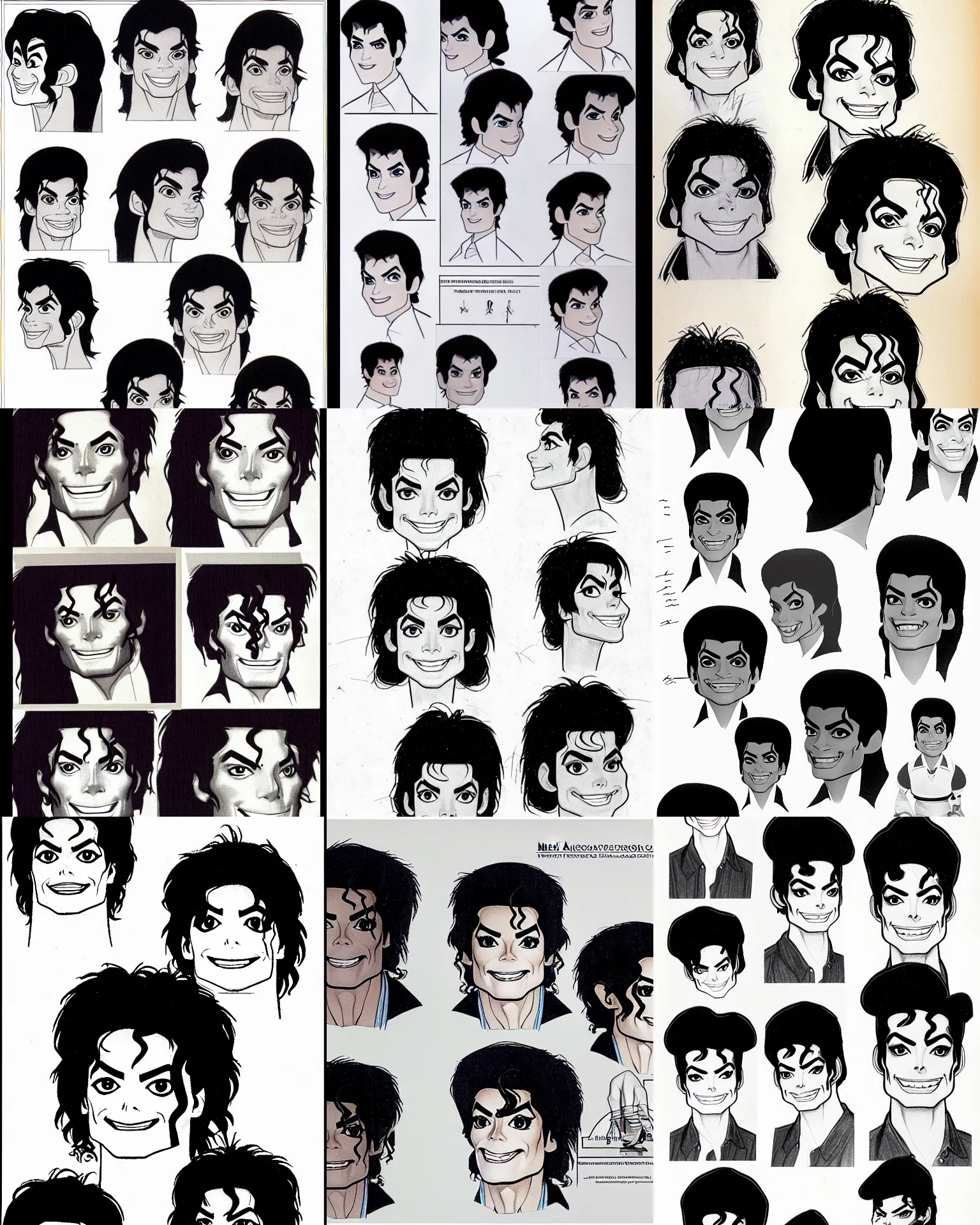 Prompt: !pencil, disney! 20 years old 80s michael jackson close up head expression angles portrait disney animation model sheet