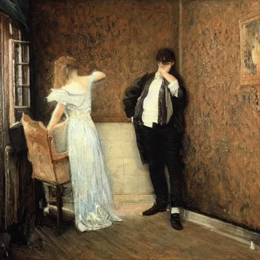 Image similar to a young man and a young woman solving an escape room puzzle, mysterious markings on the wall, by alfred stevens