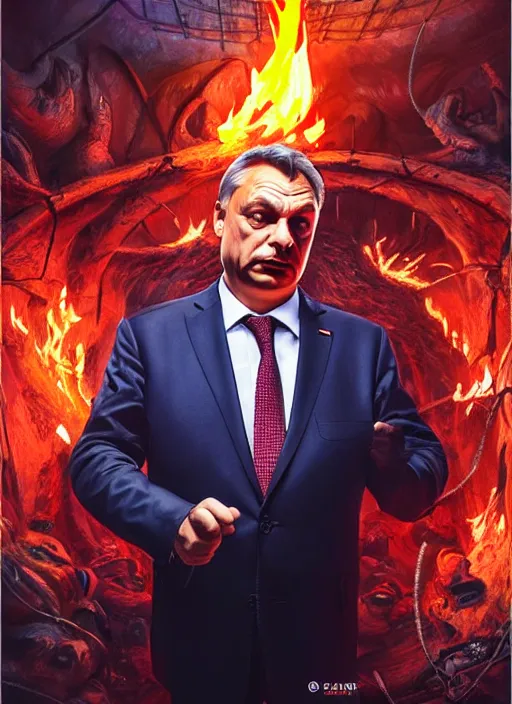 Image similar to photo of viktor orban in hell, in the style of stefan kostic, realistic, professionally, professionally color graded, half body shot, sharp focus, 8 k high definition, insanely detailed, intricate, elegant, art by stanley lau and artgerm