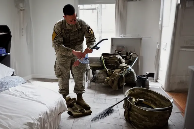 Prompt: a new yorker style cartoo of a soldier cleaning a room