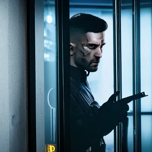 Prompt: a 4 k cinematic film still portrait of aphez twin breaking into the office from a gritty cyberpunk 2 0 0 0 s james cameron movie about the punisher. realism, cinematic lighting, 4 k. 8 mm. grainy. panavision.