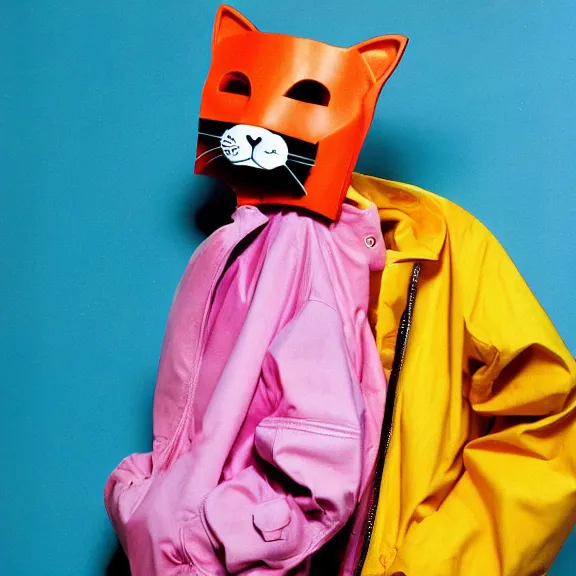 Prompt: model in plastic cat mask wearing baggy colorful 9 0 s jacket by rick owens. magazine ad. pastel brutalist background.