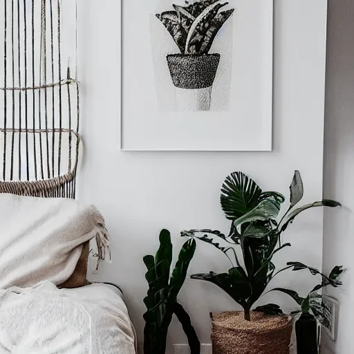 Prompt: a minimalist mockup photo with large blank frame, in a white boho style studio, pale wood furniture, in cozy coastal style home interior, trending on pinterest