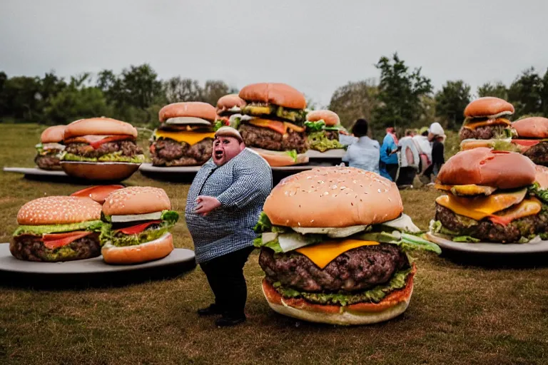 Prompt: a very obese person in a field of hamburgers, photography, telephoto