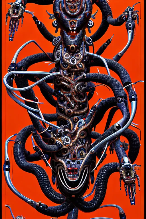 Image similar to a centered uncut fullbody frontview portrait of a robotic hydra / gorgon headed biomechanical creature by clogtwo and subjekt zero feat paul lewin and ø - cult. intricate detailed sharp clean textured very ornated. indian style tapestry design. hd. 4 k. lowbrow color palette