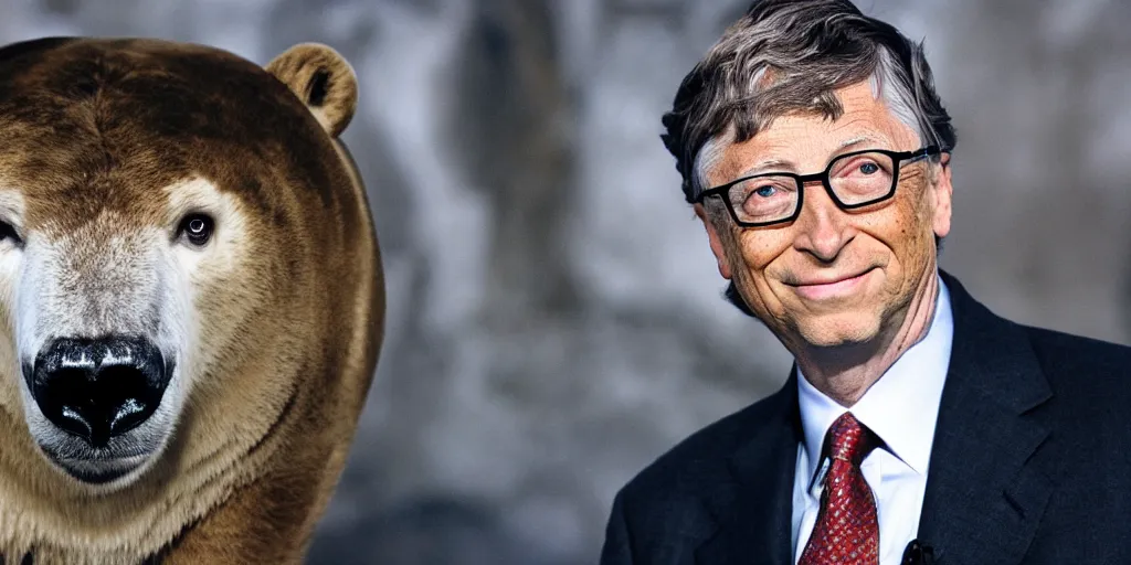 Prompt: Bill Gates is a face-uncovered gladiator and fights against a polar bear in the Colosseum. Film scene. Dramatic.
