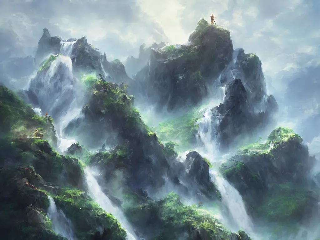 Prompt: A beautiful concept art painting of a giant levitating mountain island with waterfalls falling off its edges, by Natasha Tan, trending on artstation, dramatic lighting