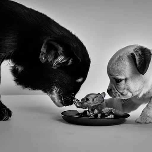 Image similar to black and white photography of a puppie giving some food to baby cat, animal photography, award winning photography by Leonardo Espina