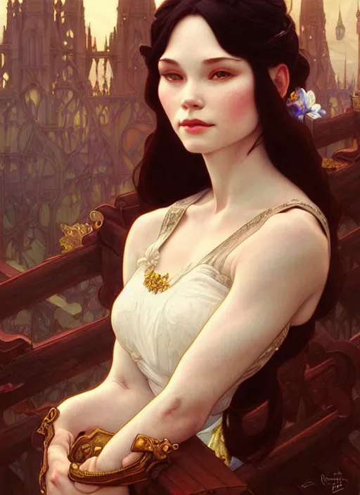 Prompt: portrait of snowhite, intricate, elegant, highly detailed, my rendition, digital painting, artstation, concept art, smooth, sharp focus, illustration, art by artgerm and greg rutkowski and alphonse mucha and uang guangjian and gil elvgren and sachin teng, symmetry!!