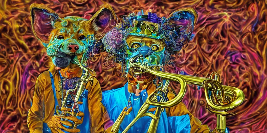 Prompt: highly detailed digital artwork of a dingo - man dingo man dingoman chimera with a salvador dali mustache. he is playing the psychedelic trumpet electronic trumpet.