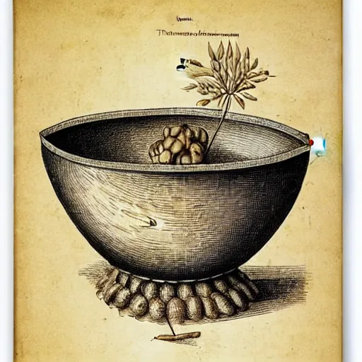 Image similar to anatomical diagram of oryza sativa, next to a bowl of rice, sepia, faded, ink, by maria sibylla merian