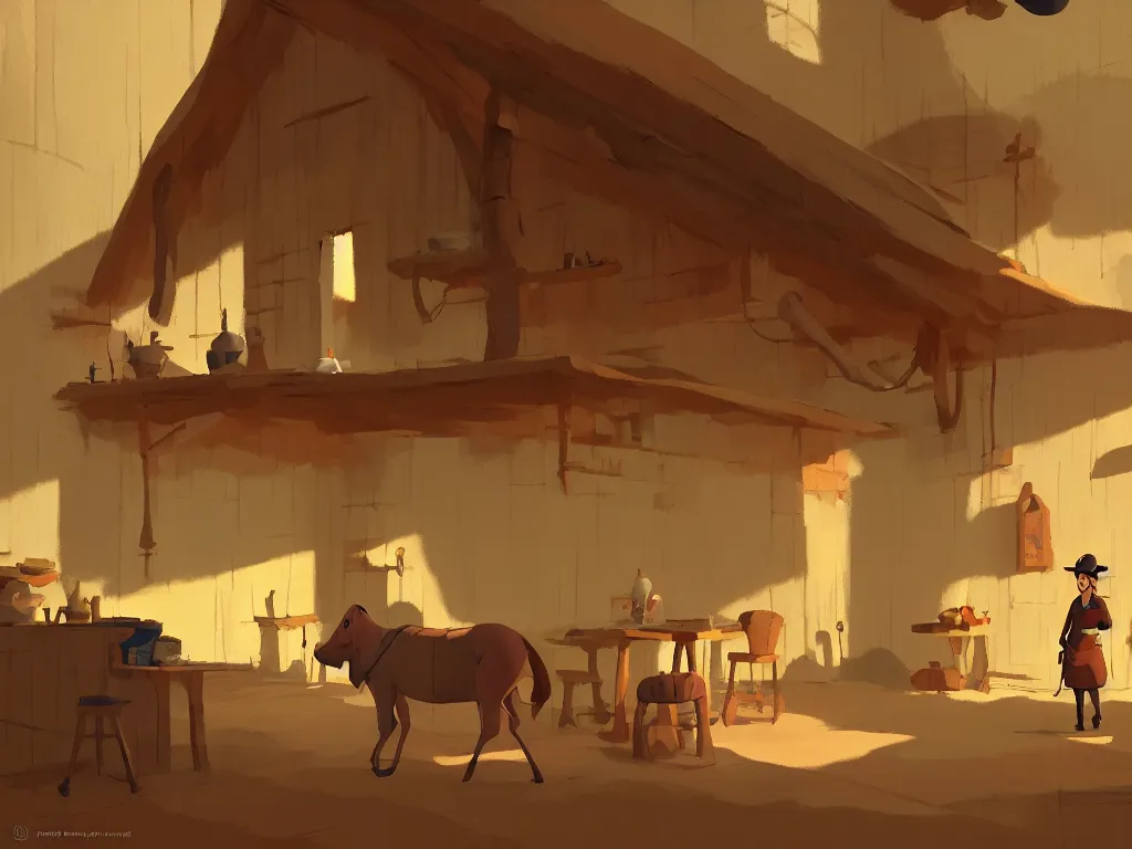 Image similar to Goro Fujita illustrating a mule standing in a beautiful rustic tavern, art by Goro Fujita, sharp focus, highly detailed, ArtStation