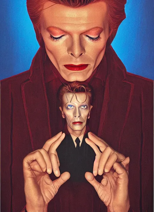 Prompt: twin peaks poster art, portrait of david bowie saw dsicovered the secrets of the black lodge, by michael whelan, rossetti bouguereau, artgerm, retro, nostalgic, old fashioned