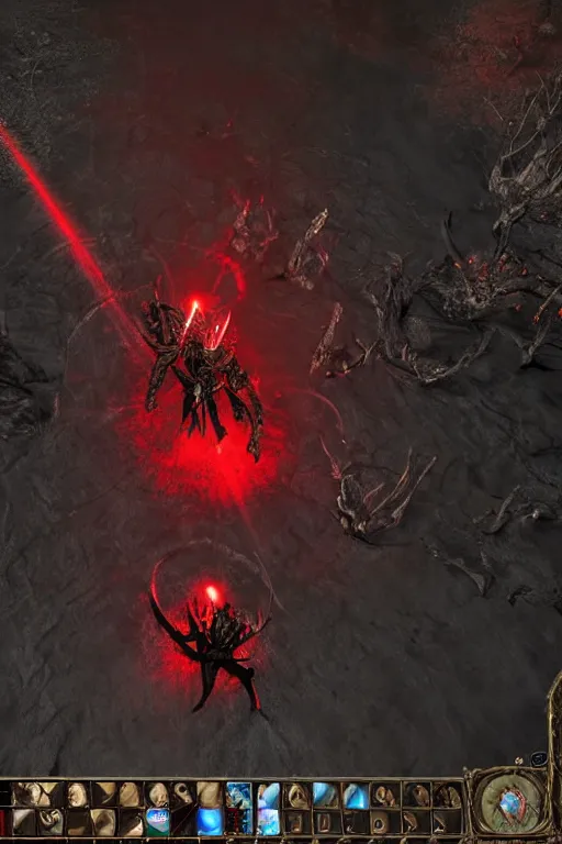 Image similar to Path of Exile, [Sirius], clear [[bronze]] face [mask], luminous red eyes, male image with [bronze] black bloody armor, sitting on the throne, inside the ruined gothic church, black shadows, red lasers, dark red bloody fog, black-grey smoky tornadoes fly around, [[blood]], Anachronism, painting, dark fantasy, steampunk, 4k, perfect quality,