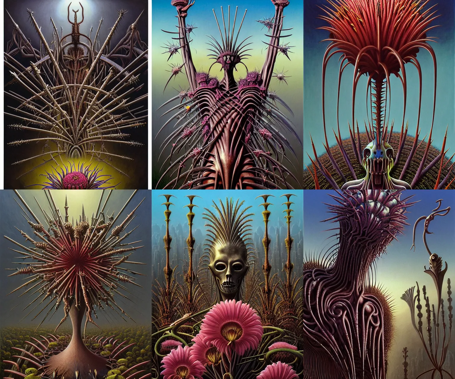 Prompt: a cinematic masterpiece still life painting of a colossal gothic flowers of grief, sorrow, misery and despair, exotic alien flora, steel metal and spikes, by Alex Grey, by Wayne Barlowe, by Tim Hildebrandt, by Bruce Pennington, by Zdzisław Beksiński, by Caravaggio, oil on canvas, masterpiece, trending on artstation, featured on pixiv, cinematic composition, astrophotography, dramatic pose, beautiful lighting, sharp, details, details, details, hyper-detailed, no frames, HD, HDR, 4K, 8K