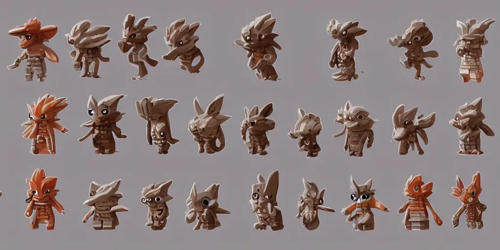 Image similar to small creatures called critters, made out of individual bricks. cute looking, kawaii, sharp focus, moebius, character sheet, game concept art, brush work