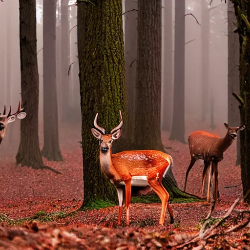 Prompt: a national geographic photo of deer that has red color skin in forest, f 2,0, telephoto, fine deatils