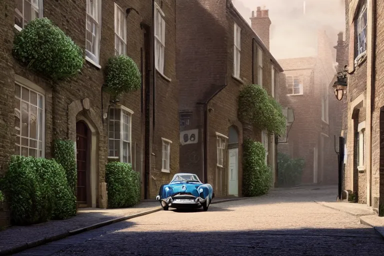 Image similar to a wholesome animation key shot of one focused short shrunk aston martin db 5, in a rich london mews residential street, waist height, medium range, studio ghibli, ( pixar ) and disney animation, sharp, very detailed, unreal engine 5 render, bloom, high resolution, anime key art by greg rutkowski