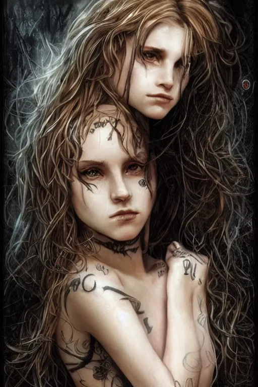 Image similar to dressed Hermione conjures in tattoos, by luis royo, beautiful gown, beautiful eyes, Beautiful face, by Aggi Erguna, high detail, high resolution