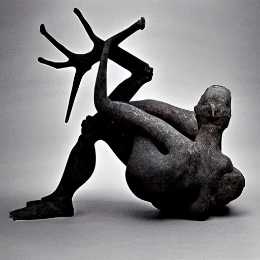 Image similar to disfigured figure, contorted limbs, abstract sculpture, grotesque spikes
