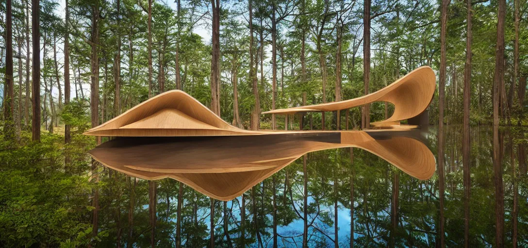 Image similar to curved roof planes lift and descend creating shade and architectural expression, highly detailed, situated in the forest, next to a highly reflective lake, marble, vivid color, high resolution photography, mist, luxury