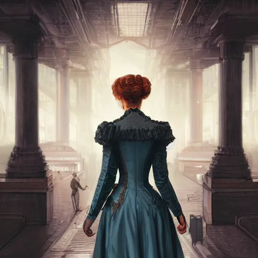Prompt: portrait of a victorian lady in a futuristic city, from behind, streets, beautiful, exquisite, highly detailed, digital painting
