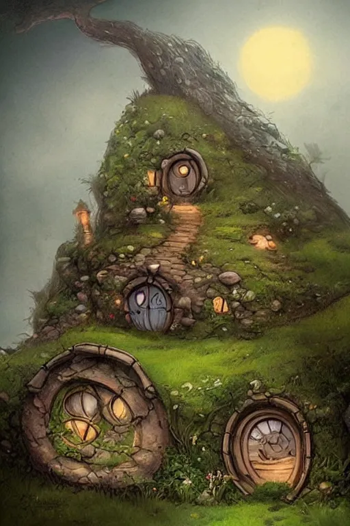 Prompt: beautiful matte painting of a hobbit house under a quaint hill, whimsical by brian kesinger and bridget bate tichenor