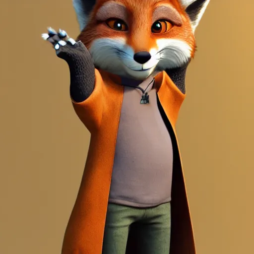 Prompt: 3 d render, anthropomorphic fox, male, in a brown leather maxi jacket, in the style of zootopia