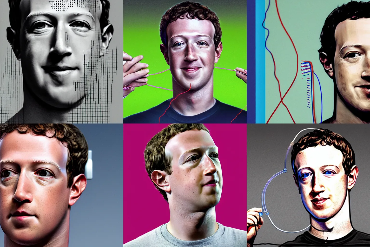 Prompt: Mark Zuckerberg with wires and microchips coming out of a hole in his head, detailed, 4k, photo