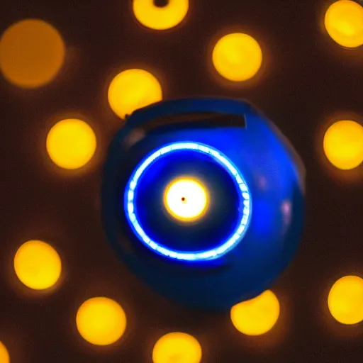 Prompt: photo of wall - e, blue and yellow glowing lights, dark, highly detailed