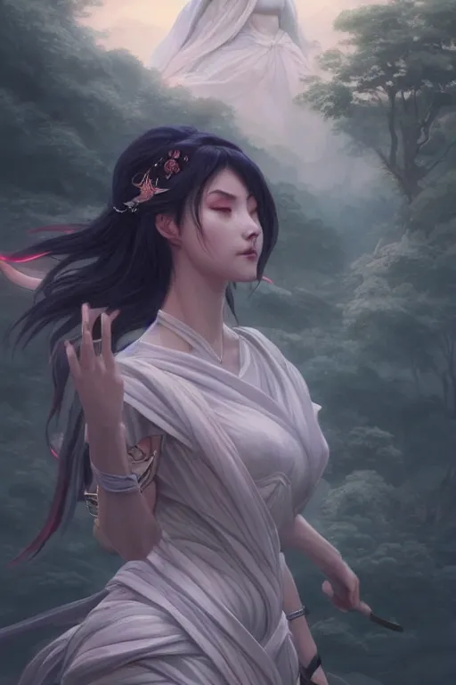 Image similar to goddess of the japan twilight, highly detailed, digital painting, artstation, concept art, smooth, sharp focus, illustration, unreal engine 5, 8 k, art by artgerm and greg rutkowski and edgar maxence