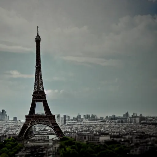 Image similar to godzilla attacking the Eiffel Tower, realistic tilt shift style