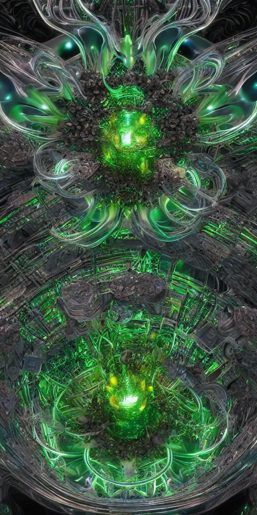 Prompt: 3 d photographic render of mandelbulb sculpture, neon circles, chrometype, made of liquid metal, neotribal with thorns and green thunders, cyberpunk, raytracing, hyper realistic, volumetric lightning, 8 k, by zhelong xu and ouchh studio