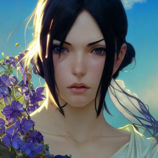 Image similar to highly detailed vfx portrait of nico robin, makoto shinkai, alphonse mucha, sharp focus, art by artgerm and greg rutkowski, backlit, harsh overhead sunlight, blue eyes, stanley kybric, pixiv