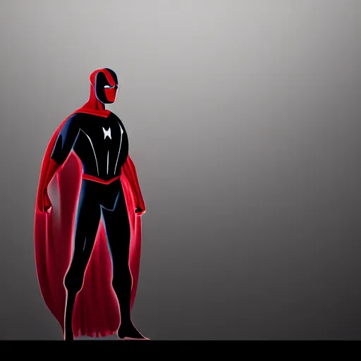 Prompt: a superhero standing in a dark room looking to the camera with glowing red eyes while everything as is dark and black, bold, sharp, artstation, digital art