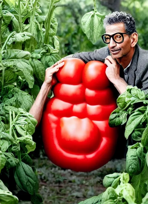 Prompt: jeff goldblum hiding in a giant tomato, inspired by davis jim