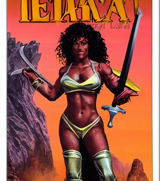 Image similar to 1 9 8 0 s fantasy novel book cover, amazonian la'tecia thomas in extremely tight bikini armor wielding a cartoonishly large sword, exaggerated body features, dark and smoky background, low quality print