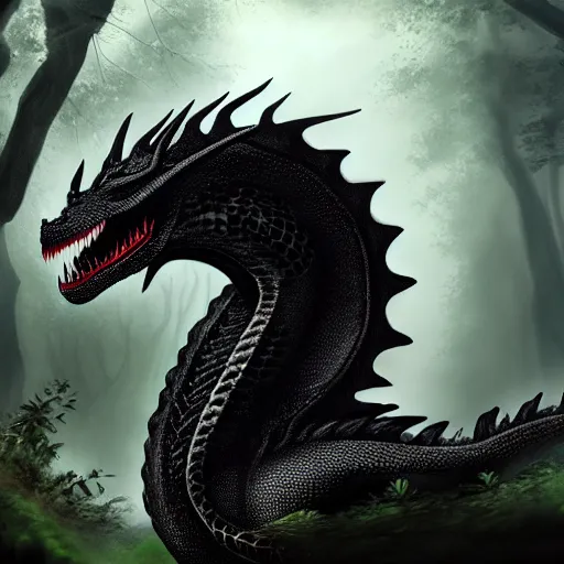 Prompt: portrait, black dragon, forest background, 4 k, cinematic composition, fantasy, extremely detailed, hyperrealism