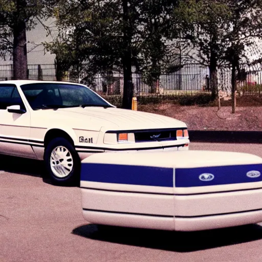 Prompt: real-view photo of a 1990's Ford Mustang prototype at a parking lot