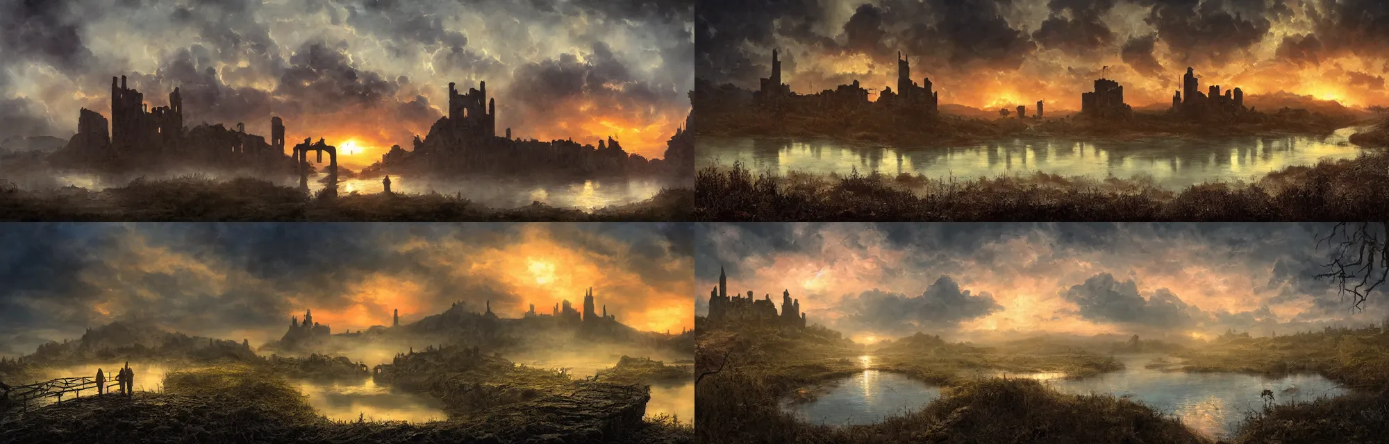 Prompt: very textured post apocalyptic moody panoramic cinemascope background , sunset, cyan fog , portal to hell in the middle of painting, vine bridge silhouette over lake with backlight, castle ruins with backlight , dramatic sky , oil painting art with strong backlight by frazetta