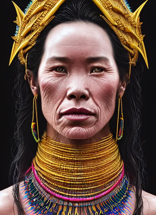 Image similar to portrait of catriona balfe ( outlander ) as a kayan tribe woman with gold neck rings, hyper detailed ultra sharp trending on artstation, colorful, psychedelic, ornate, intricate, digital painting, concept art, smooth, sharp focus, illustration, art by artgerm and greg rutkowski and h. r. giger, 8 k