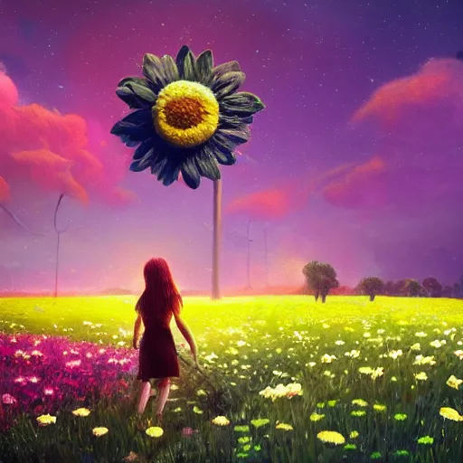 Image similar to giant daisy flower as a head, girl walking in flower field, surreal photography, night moon light, dramatic, impressionist painting, clouds, digital painting, artstation, simon stalenhag