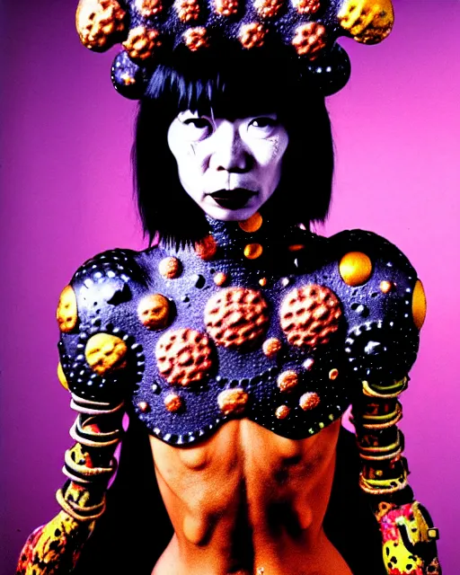 Image similar to portrait of a skinny punk goth yayoi kusama wearing armor by simon bisley, john blance, frank frazetta, fantasy, thief warrior, floral flowers colorful